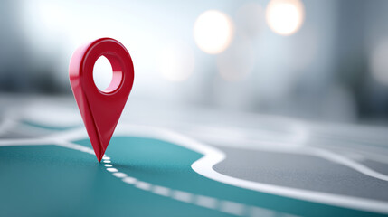 A red map pin is placed on a teal and gray digital map with blurred lights in the background