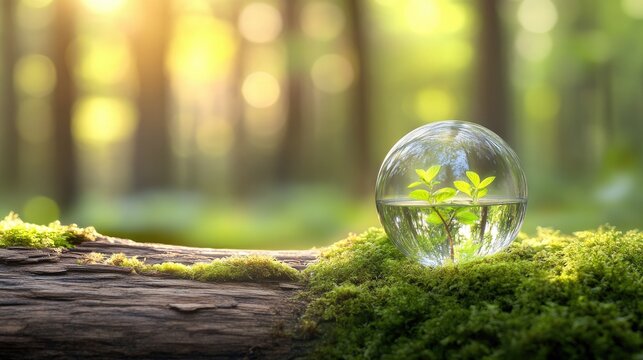 Water rests in a clear glass atop a moss-covered log in the forest, surrounded by lush greenery and a softly blurred backdrop, creating a serene atmosphere with natural light - Powered by Adobe