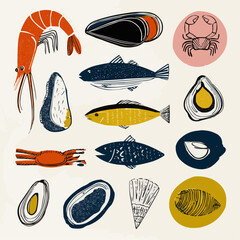 A doodle clipart set of seafood items including shrimp, mussel, fish fillet, crab claw, squid, oyster and scallop for food packaging and menu designs