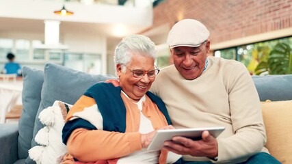 Home, laughing and old couple on sofa, tablet and online humor with smile, love and retirement. Marriage, mature man and senior woman on couch, tech and comedy video with social media, app and funny - Powered by Adobe