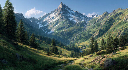 Obraz premium Ultra-Realistic Mountain Landscape with Snowy Peaks and Clear Blue Sky