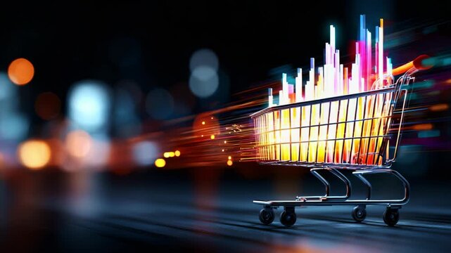 Dynamic Shopping Experience: A Modern Visualization of a Shopping Cart with Data Streams Representing Trends and Statistics in Retail Economy and Consumer Behavior