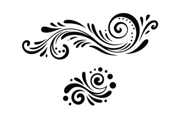 Black abstract swirls and dots decorative elements on white background flourish