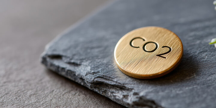 A gold circular object with the letters CO2 engraved on it is displayed against a grey slate background, symbolizing carbon dioxide emissions or pollution awareness