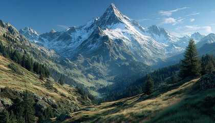 Obraz premium Ultra-Realistic Mountain Landscape with Snowy Peaks and Clear Blue Sky