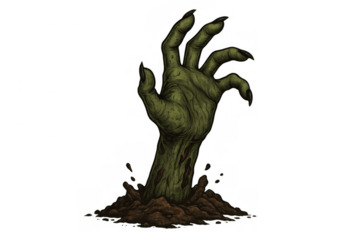 Zombie hand rising from grave, undead arm reaching out from dirt, spooky halloween monster emerging
