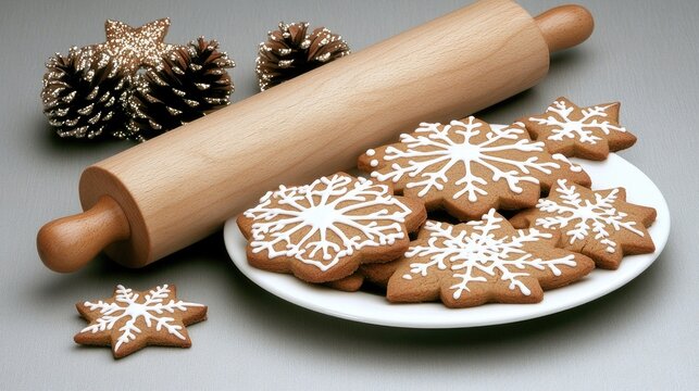 Gingerbread cookies shaped like snowflakes are beautifully decorated with white icing, placed on a plate next to a wooden rolling pin