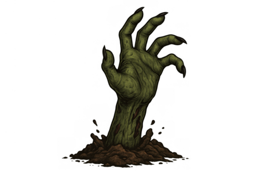 Zombie hand rising from grave, undead arm reaching out from dirt, spooky halloween monster emerging