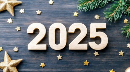 Wooden cubes spelling out Happy New Year 2025 are surrounded by golden stars and pine tree decorations against a dark wood backdrop, creating a festive atmosphere