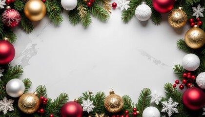 Festive christmas decoration arrangement with ornaments and pine holiday celebration indoor setting aerial view seasonal cheer