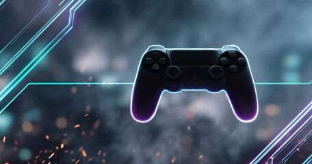 A black video game controller with purple and blue glowing lines around it on a dark background with sparks flying in the air