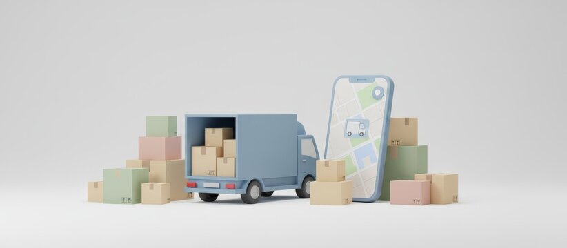 Delivery truck surrounded by stacked cardboard boxes and a smartphone showing a real time tracking map, representing efficient logistics and global e commerce shipping services