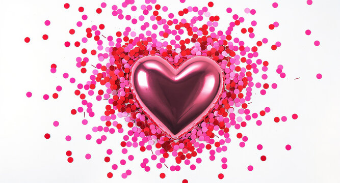 Stunning metallic pink heart balloon surrounded by red and pink confetti perfect for Valentine's Day promotions, romantic events, and heartfelt celebrations