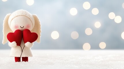Fototapeta premium A charming white angel figurine cradles red hearts, paired with a stunning rose displaying large petals against a soft, snowy backdrop, capturing the essence of Valentine's Day