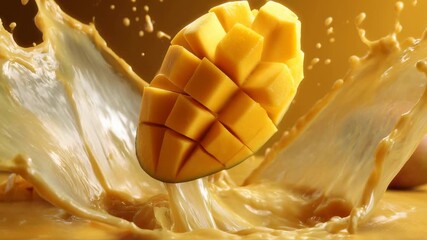 Ripe mango yellow splash fruit cube tropical juice splash mango pulp texture sliced fresh cube smoothie liquid motion - Powered by Adobe