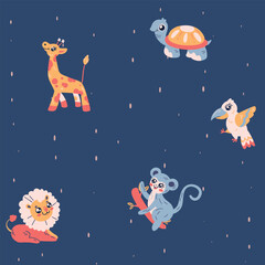 Seamless pattern of cute cartoon animals. Childish print, kids wallpaper design of hand drawn baby African animals, little lion, giraffe, monkey, turtle, bird on blue background. Vector illustration.