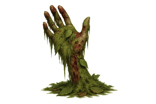 Zombie hand emerging from grave covered in moss and leaves, horror and halloween concept with transparent background