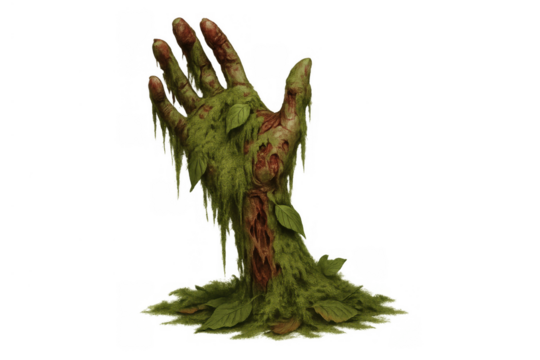 Zombie hand emerging from grave covered in moss and leaves, horror and halloween concept with transparent background