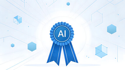 Blue award ribbon with ai symbol on futuristic background
