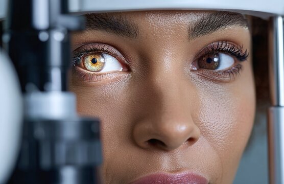 African American Woman Receiving Eye Check-Up with Vision Test Machine. Generative AI