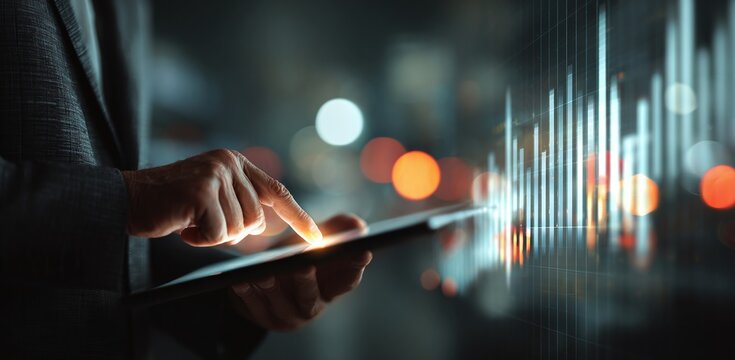 Virtual Data and Charts Projected Above Tablet in Dark Workspace. Generative AI