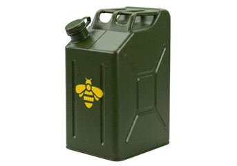 Isolated olive-green gasoline jerrycan with a yellow bee, fuel container for outdoor equipment