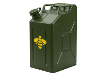 Isolated olive-green gasoline jerrycan with a yellow bee, fuel container for outdoor equipment