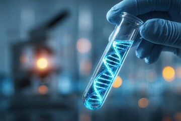 Laboratory Environment Highlighting DNA Structure Illumination Held by Researcher. Generative AI