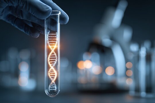 Close-Up of Hand Holding Test Tube with Glowing DNA in Laboratory Setting. Generative AI
