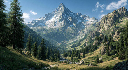 Fototapeta premium Ultra-Realistic Mountain Landscape with Snowy Peaks and Clear Blue Sky
