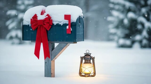 Blue mailbox decorated with big red bow and ribbon covered in snow standing next to glowing vintage lantern in winter forest landscape

