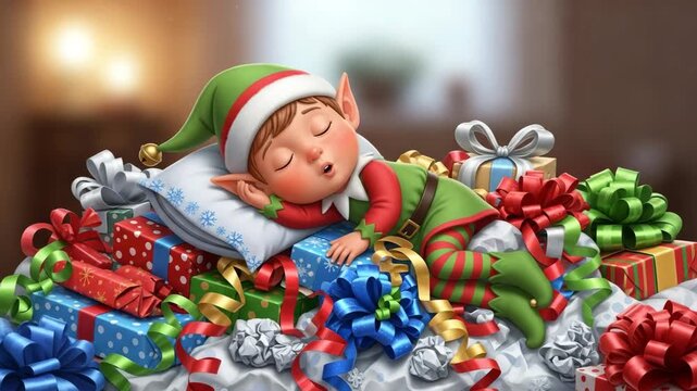 Adorable cartoon Christmas elf sleeping peacefully on top of pile of colorful gift boxes and ribbons tired after working hard holiday illustration

