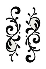 Black and white ornate flourish design elements with light grey accents scroll swirl
