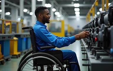 Industrial worker in wheelchair operating complex machinery in manufacturing facility, looking focused and engaged, demonstrating skill and efficiency, emphasizing inclusive work environment