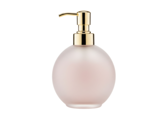 Isolated pink glass soap dispenser with a gold pump for bathroom or kitchen use