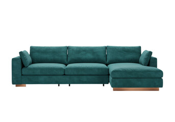 Isolated large teal sofa, comfortable lounge furniture with low profile legs design indoors