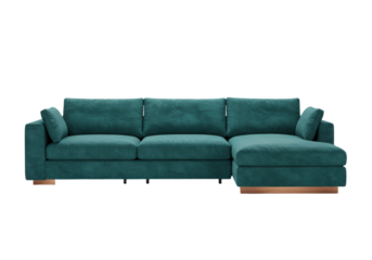 Isolated large teal sofa, comfortable lounge furniture with low profile legs design indoors