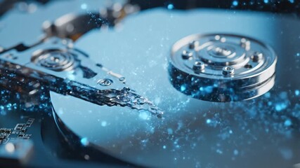 Closeup of an open hard drive with a spinning platter and readwrite head symbolizing data storage technology and digital information processing within a computer system. - Powered by Adobe