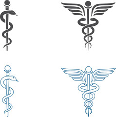 Minimal Caduceus symbol set featuring flat and outline variations, perfect for hospitals, wellness centers, digital health apps, and medical marketing visuals. High quality vector icons.