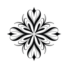Black and white symmetrical ornamental flourish with petal like shapes and swirling lines decorative