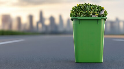 A green smiling bin filled with organic waste sits on a city street, surrounded by small animals. This promotes awareness of sustainable waste management in urban environments