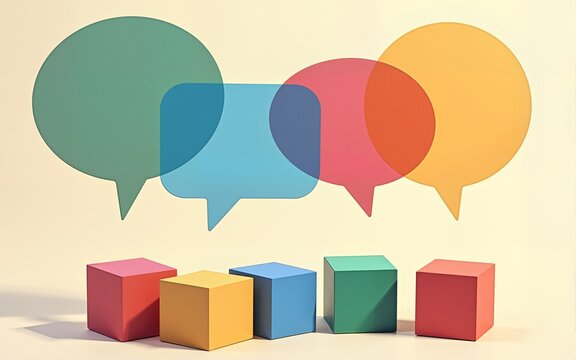 Inclusive language is symbolized by speech bubbles and vibrant cubes. High quality