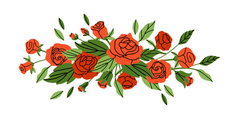 Roses composition. Red flowers and green leaves. Decorative element, frame, border and divider, underline. Bouquet with blossoms. Botanical garland. Vector cartoon flat style isolated illustration
