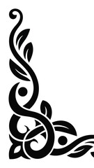Black Celtic knot floral corner ornament with leaves and swirls on white background flourish