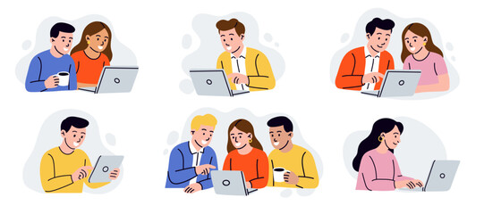 People working on laptop. Men and women using computer, online communication. Teamwork project, employee office work. Programmer or freelancer. Vector cartoon flat style isolated illustration