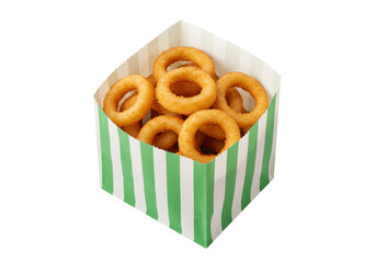 Isolated stack of fried onion rings in a striped container for takeout, ready to eat food