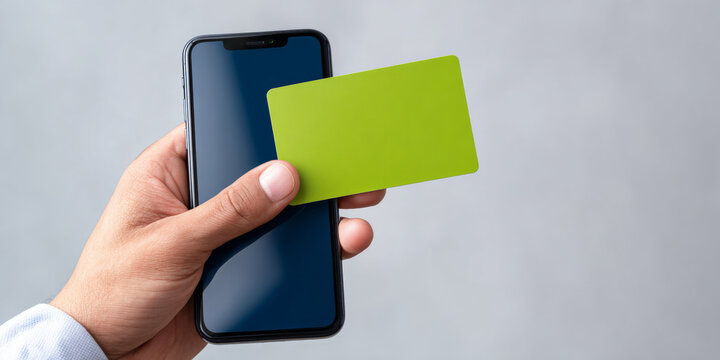 A person is holding a smartphone and green card in their hand against a grey background
