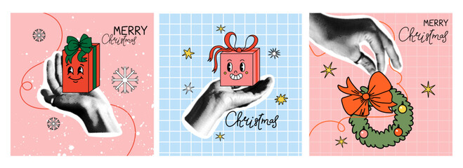 Christmas card set. Halftone collage hand hold gift, xmas symbol. Winter holidays banner vintage design. Retro newspaper pop art. Arm gesture. Social media post. Vector isolated colorful illustration