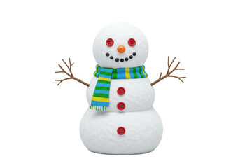 Isolated snowman figurine with buttons for eyes and striped scarf, a seasonal symbol