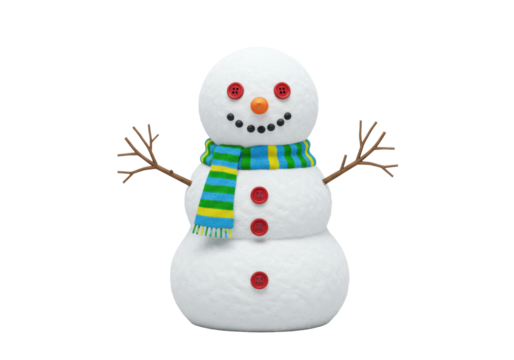 Isolated snowman figurine with buttons for eyes and striped scarf, a seasonal symbol